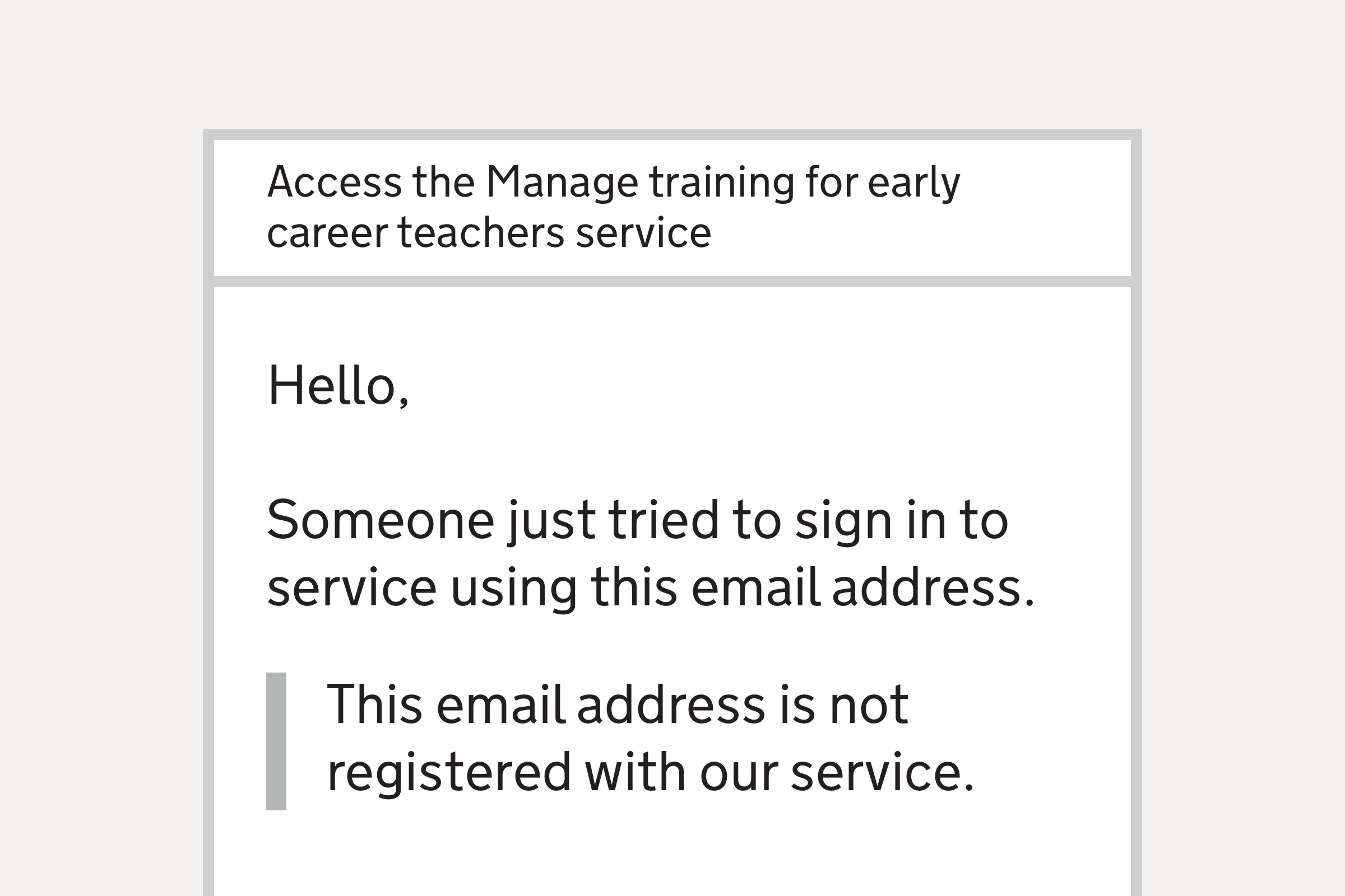 Illustration showing an email saying ‘Someone tried to access the service with this email address. This email address is not registered with our service.’