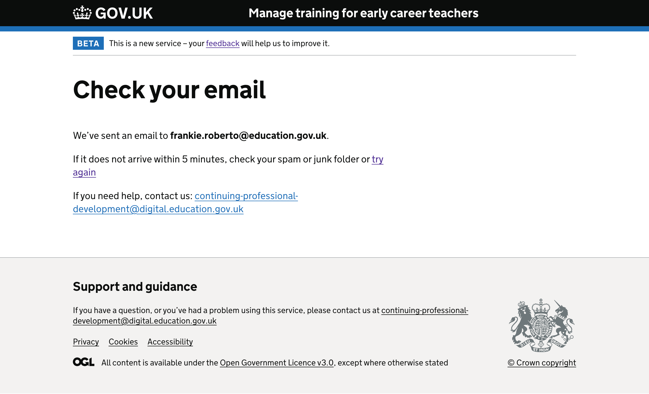 Screenshot of a page titled 'Check your answers' followed by ‘We’ve sent an email to frankie.roberto@education.gov.uk.’