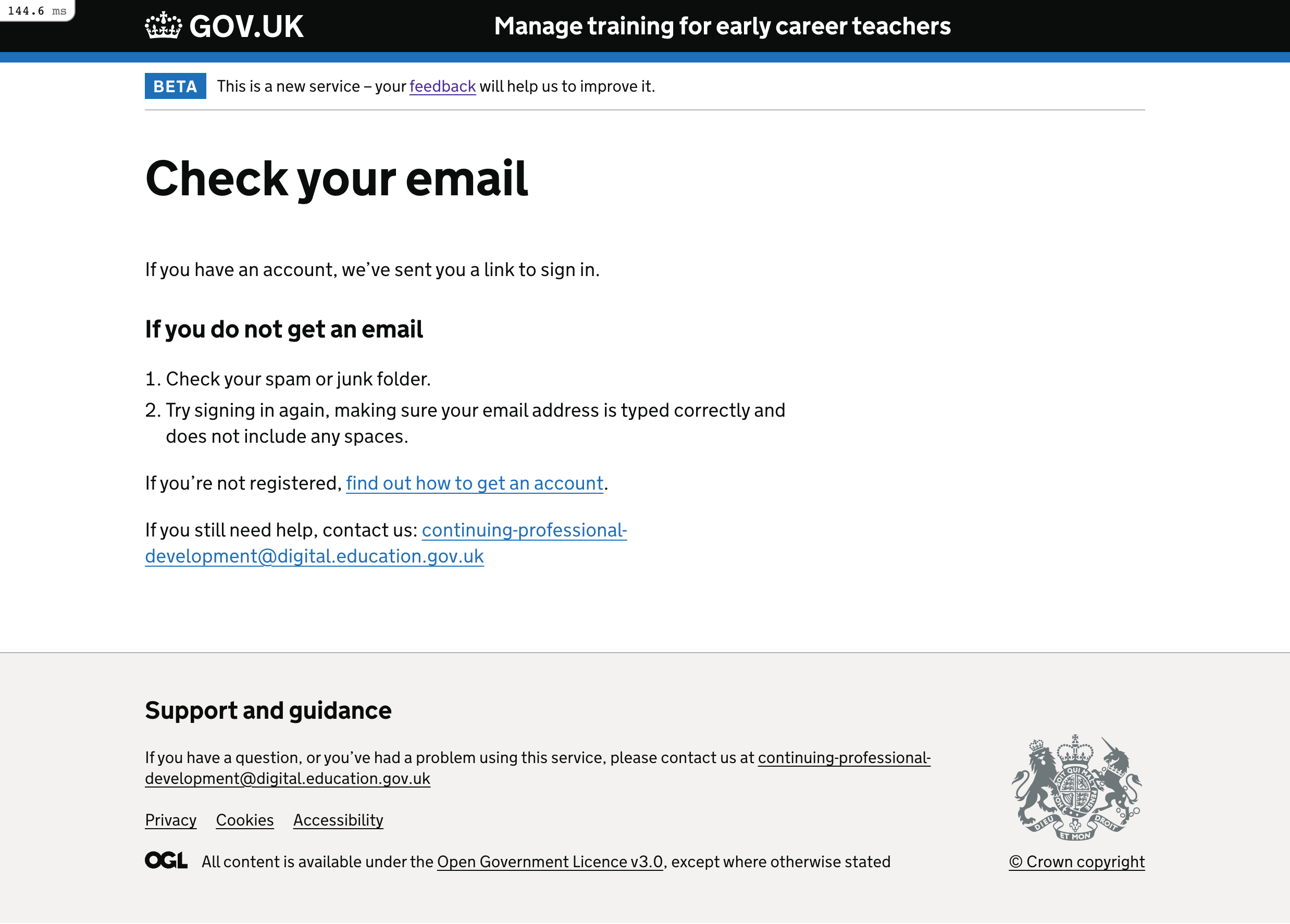 Screenshot of a page titled 'Check your answers' followed by 'If you have an account, we’ve sent you a link to sign in.’'