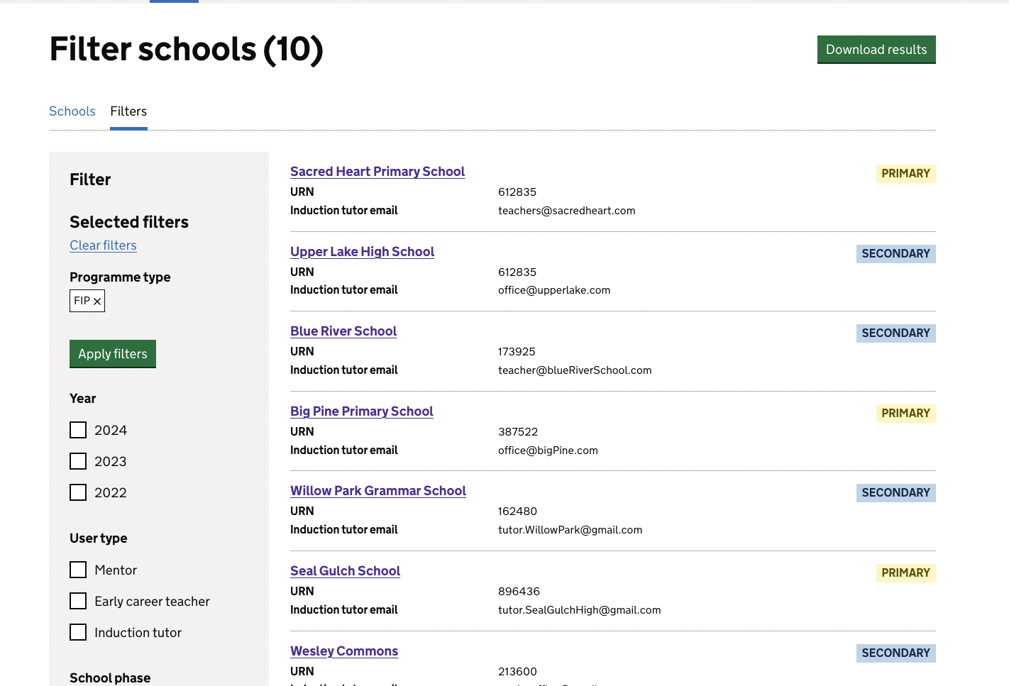 Screenshot showing the suer interface for filtering a list of schools