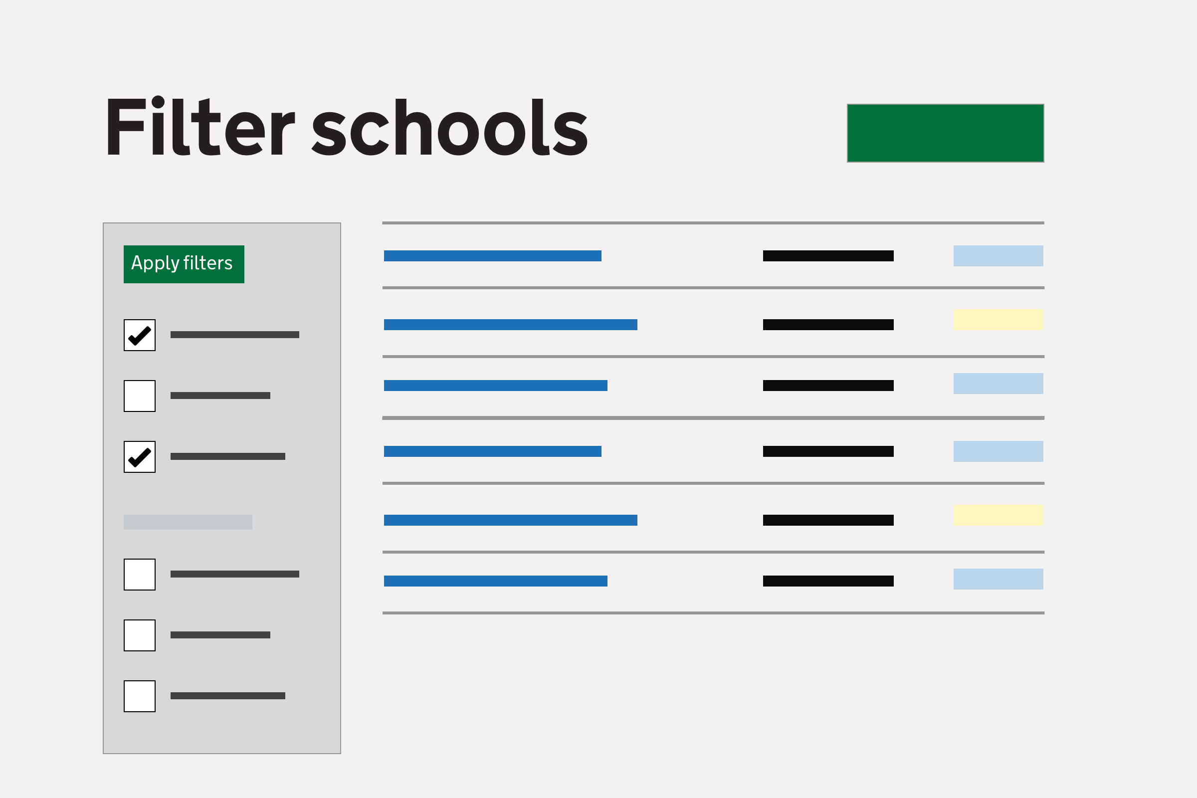 Illustration showing filter panel and a list of schools