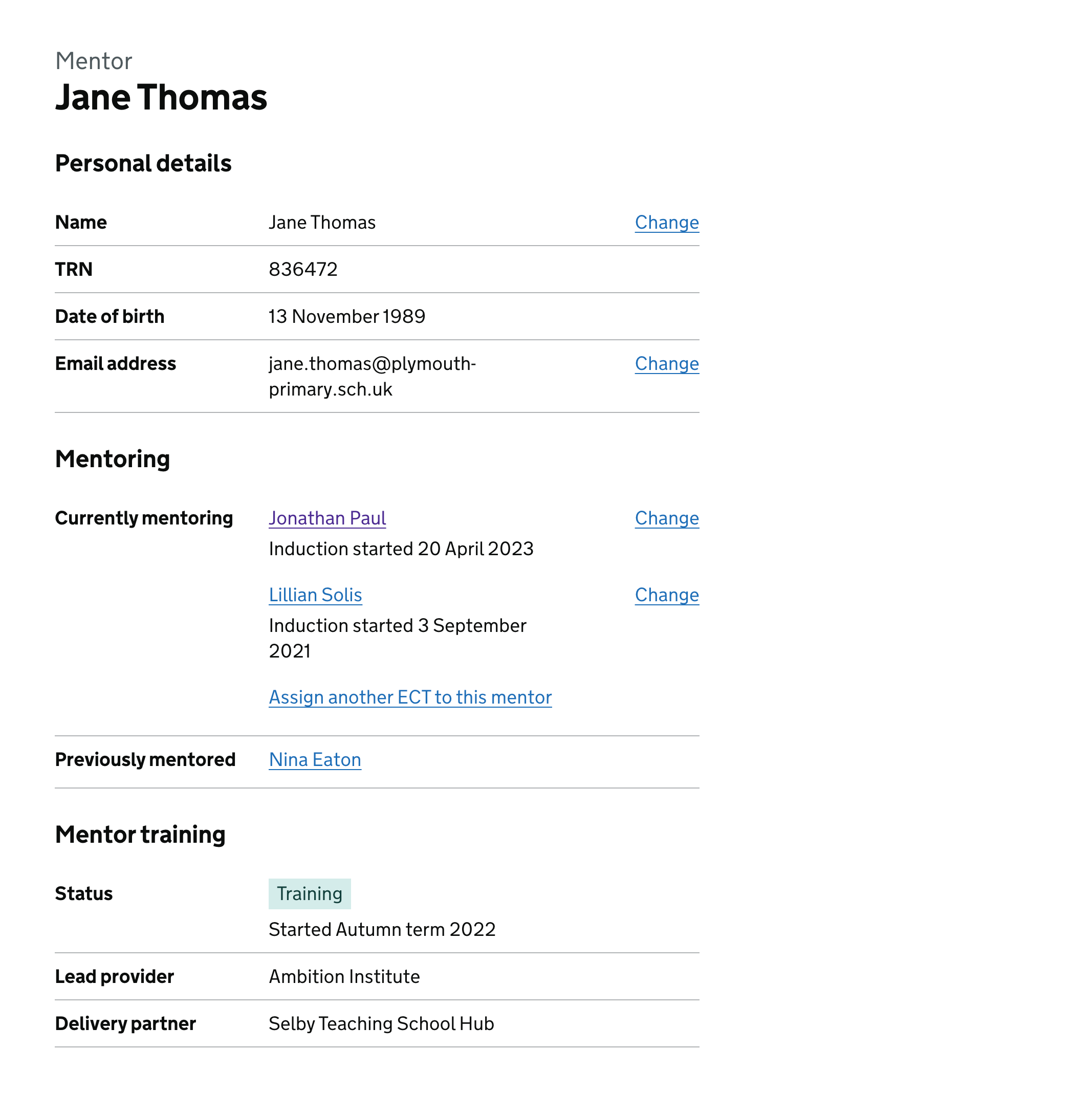 Screenshot of a new mentor profile page, which sections labelled Personal details, Mentoring and Mentor training