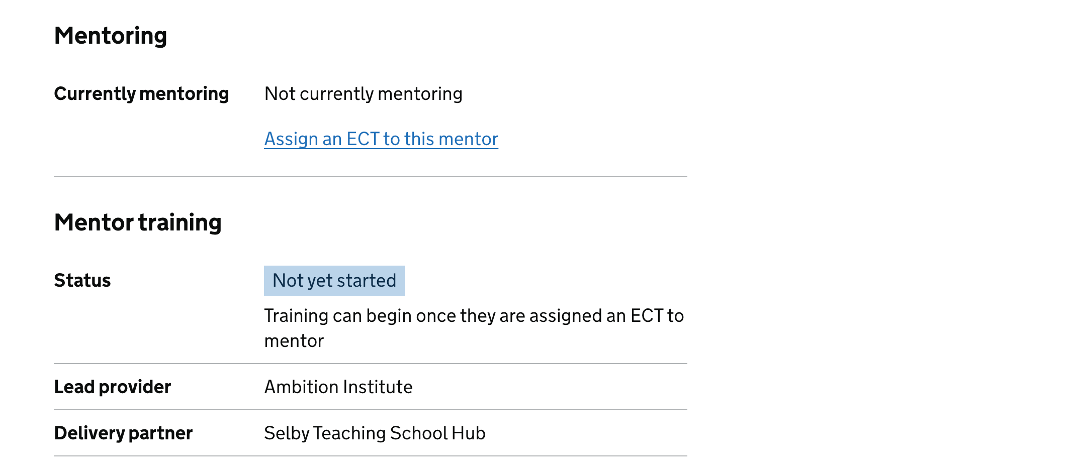 Screenshot of a mentor with the status 'Not yet started' within the Mentor training section