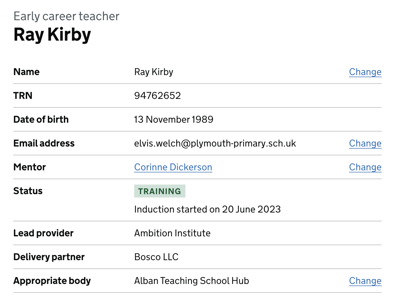 Screenshot showing a summary of an early career teacher, with their induction start date listed within a 'Status' row