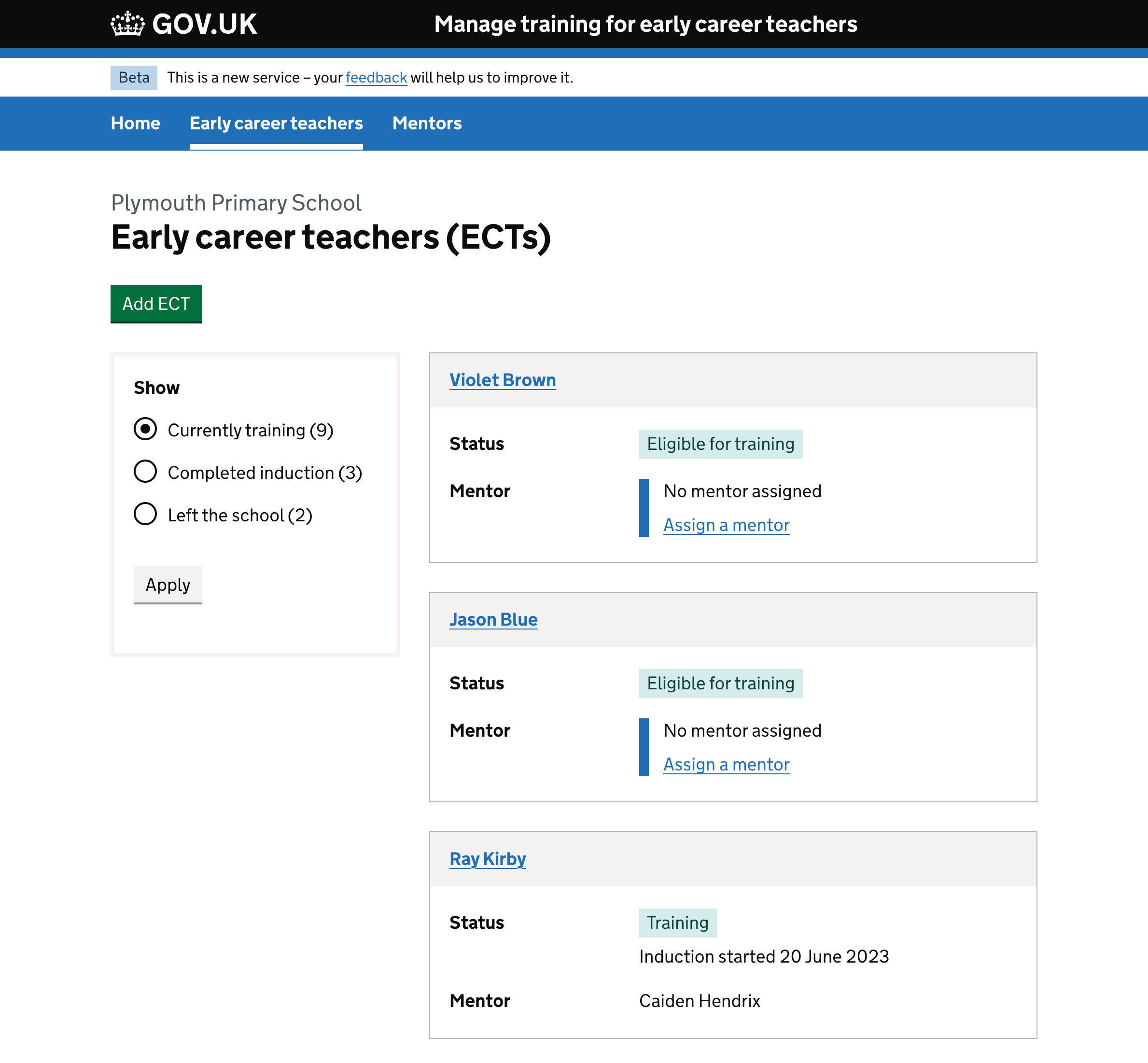 Screenshot of the new ECTs section