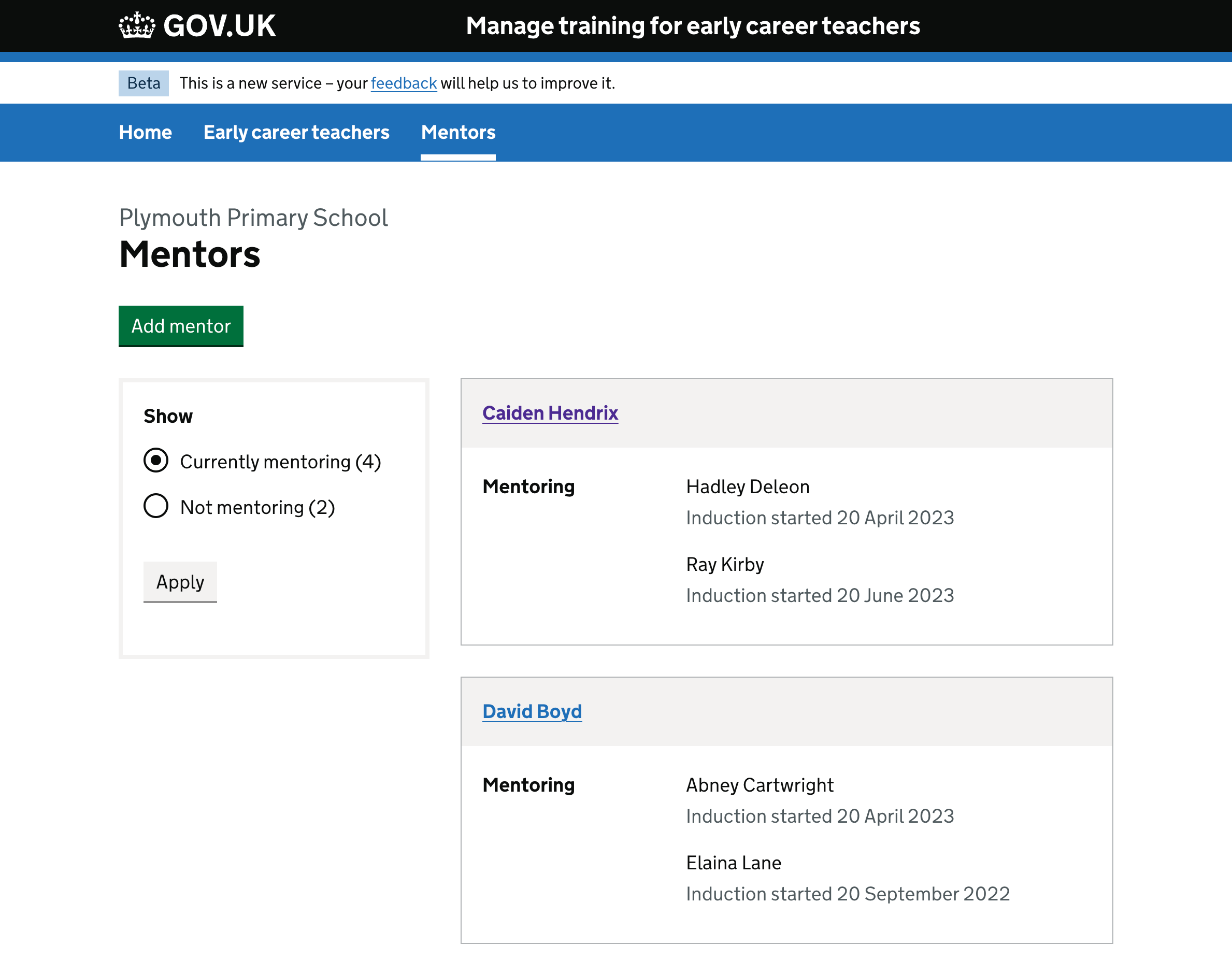Screenshot of the new Mentors section