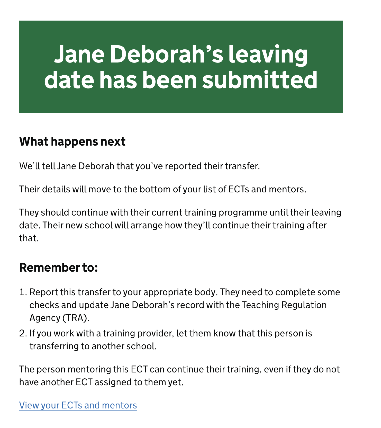 Screenshot with a heading saying ‘Jane Deborah's leaving date has been submitted’