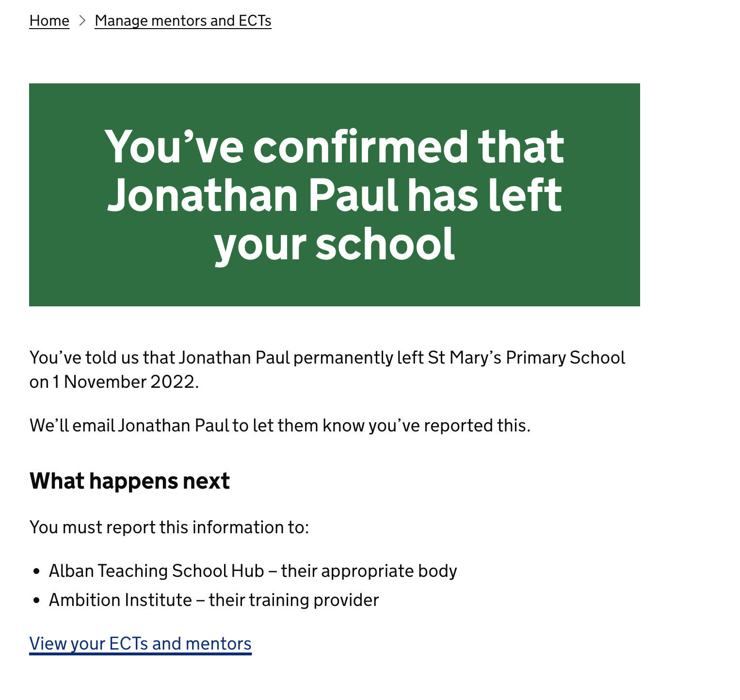 Screenshot of a page titled ‘You've confirmed that Jonathan Paul has left your school’
