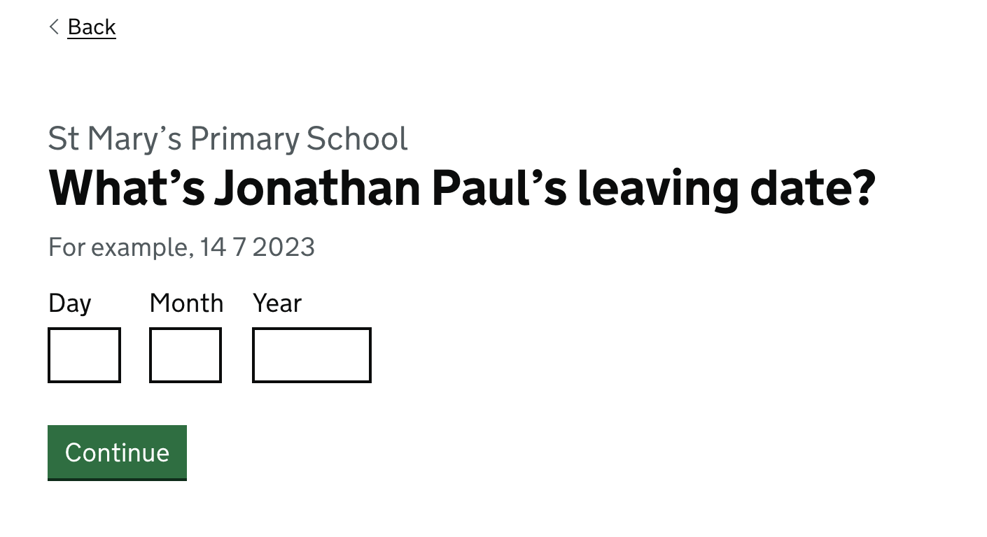 Screenshot showing ‘What's Jonathan Paul's leaving date?’ followed by a date input
