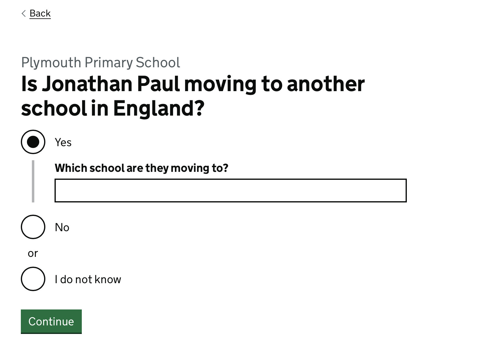 Screenshot showing ‘Is Jonathan Paul moving to another school in England?’ followed by Yes, No or I don’t know
