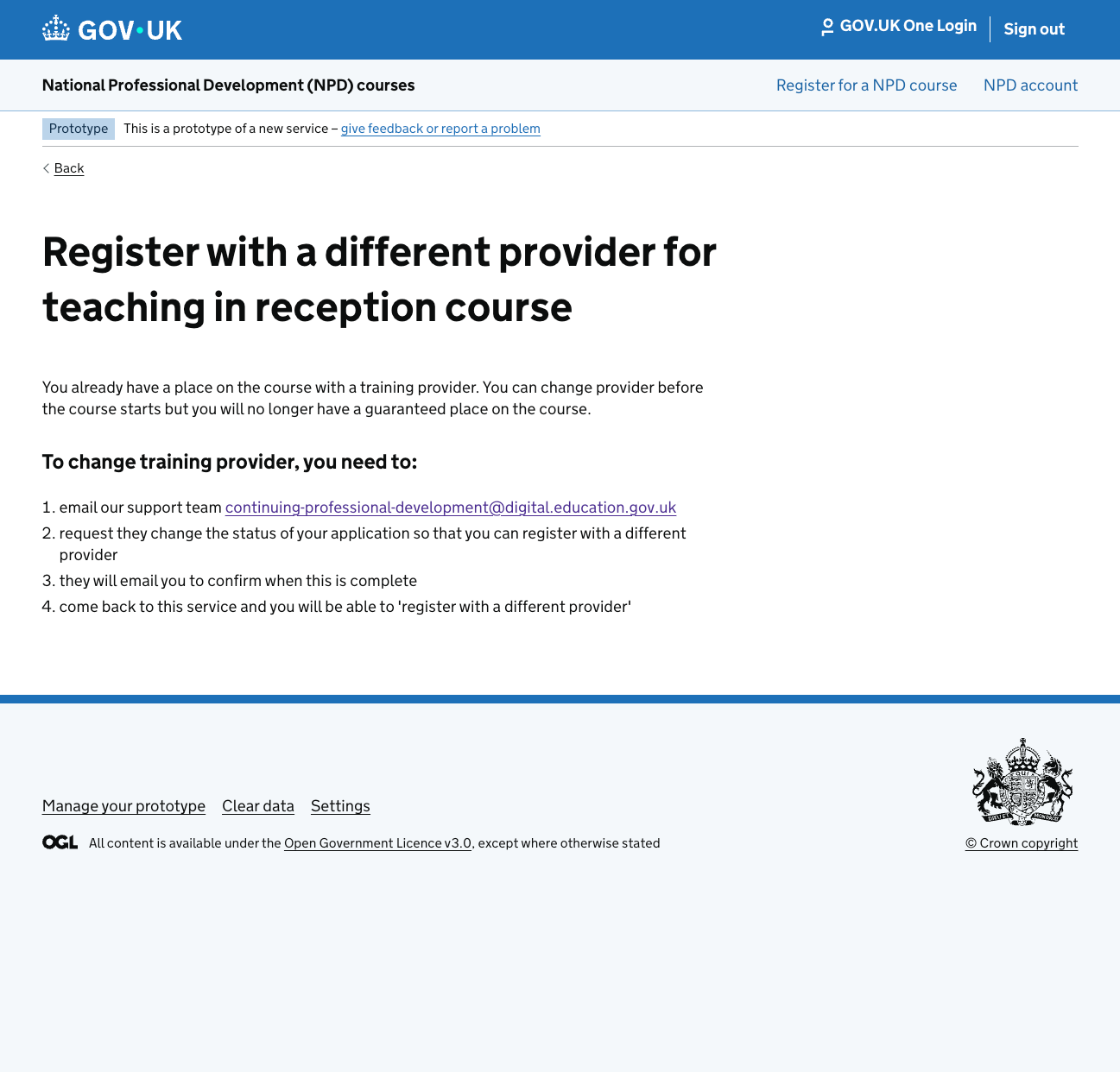 Screenshot showing the page shown when the registration is in 'accepted' state and they use the 'register with a different provider' link.
