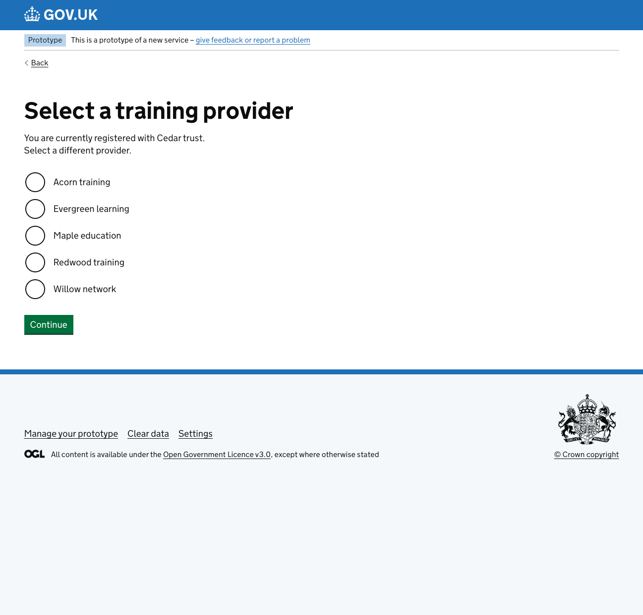 Screenshot showing the second question in the change provider journey. This asks the user to 'select a training provider' and states the one they are already registered with.