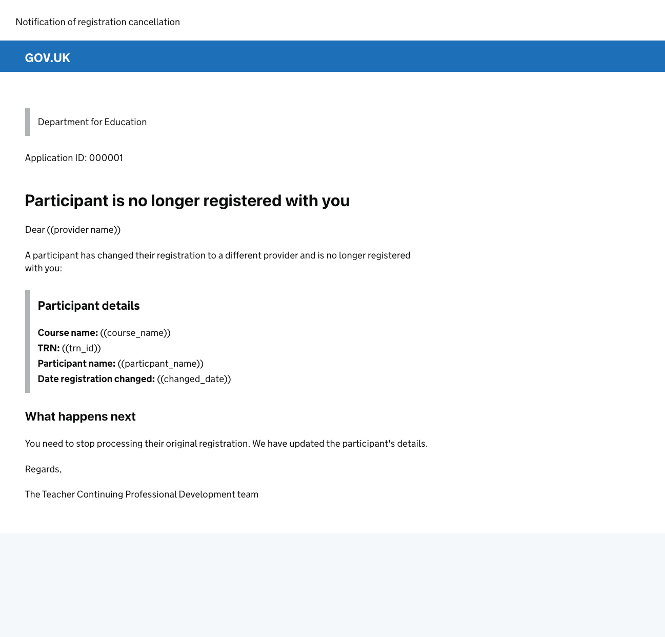 Screenshot of the email the original provider receives after the participant has changed provider. This tells them the participant is no longer registered with them and gives key details so they can find that participant in their database.