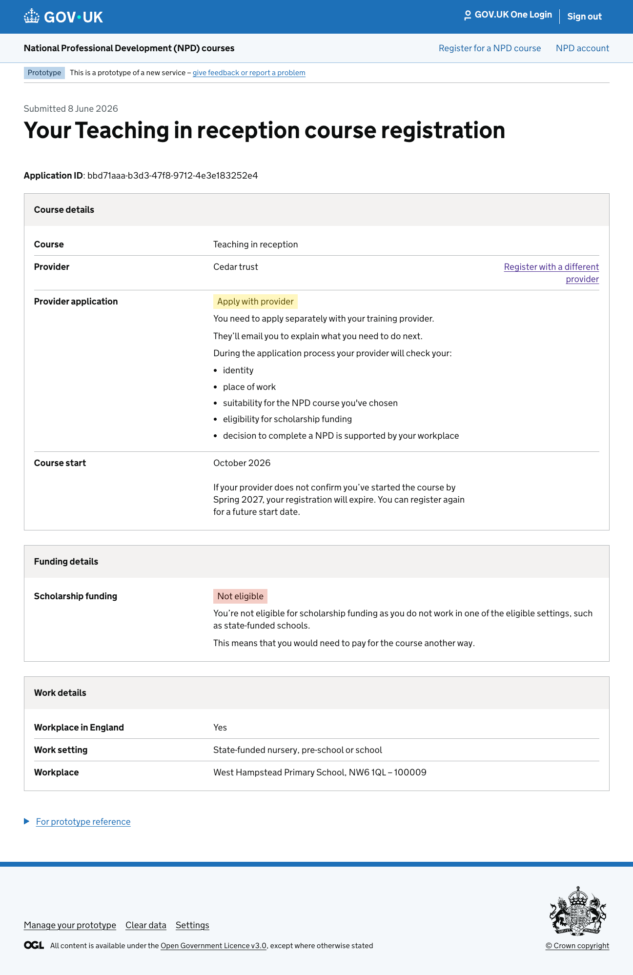 Screenshot showing the submitted registration, with the new 'Register with a different provider' link.