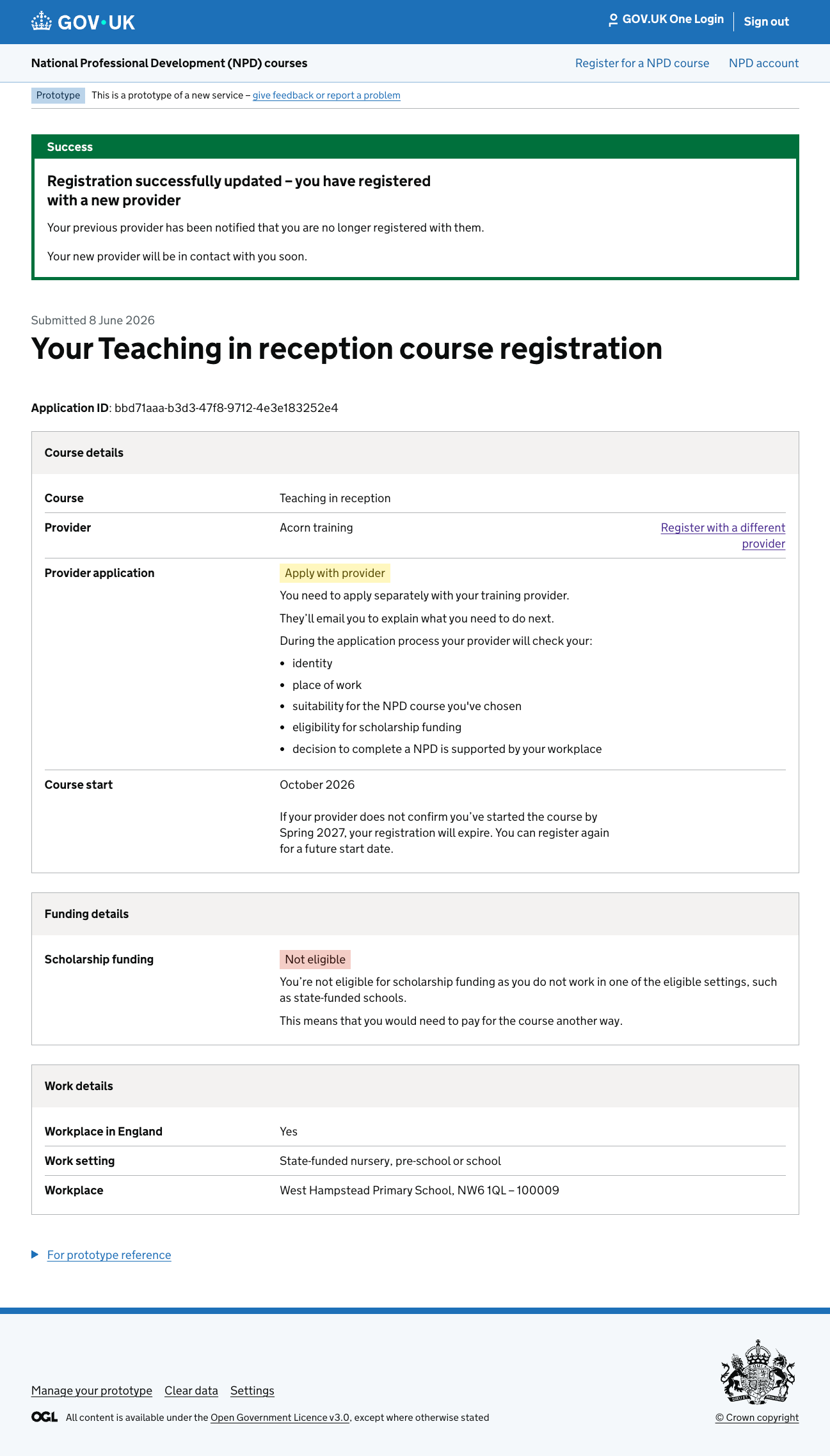 Screenshot showing the submitted registration, with a confirmation banner at the top stating that they have successfully changed provider.