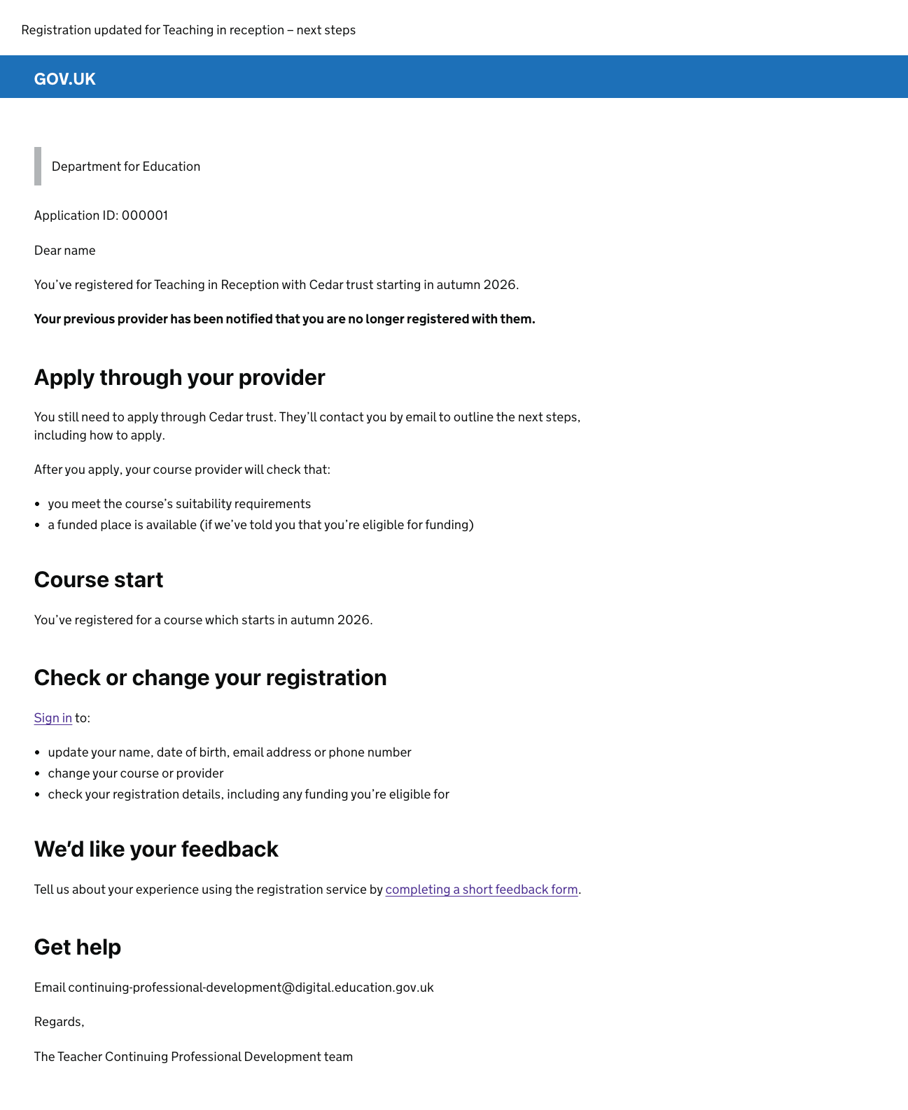 Screenshot of the email the user receives after changing provider, confirming the change has been successful.