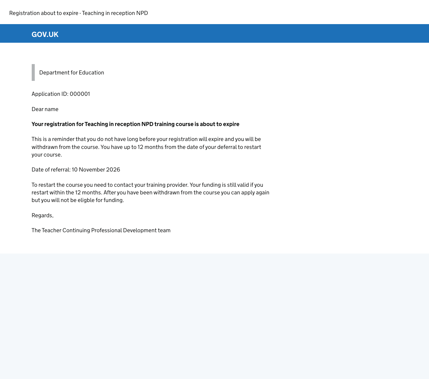 Screenshot of the email the user receives when the last recruitment window opens before they will be withdrawn.