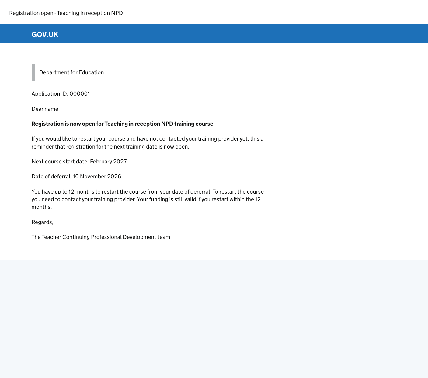 Screenshot of the email the user receives when a new registration window opens, reminding them to restart the course.
