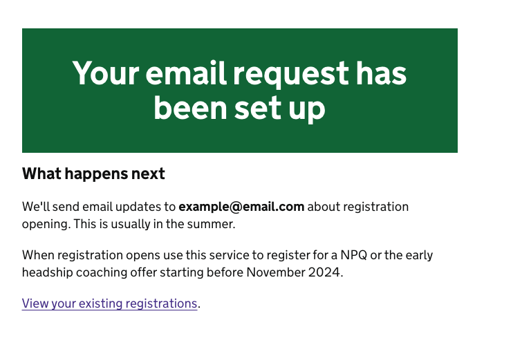 Screenshot of the confirmation page, shown after a user sets up email updates about registration opening. It reads "Your email request has been set up".