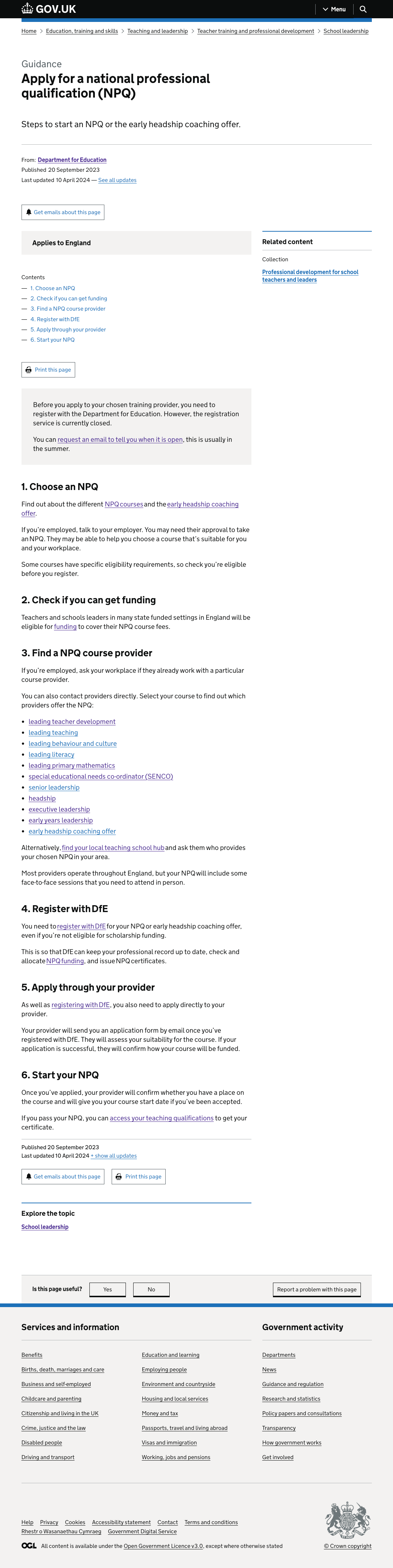 Screenshot of the apply for an NPQ guidance page on GOV.UK. This explains the steps a participant needs to go through to apply, including choosing an NPQ, checking if they can get funding, finding a course provider, registering with DfE, applying with the provider and starting the course.