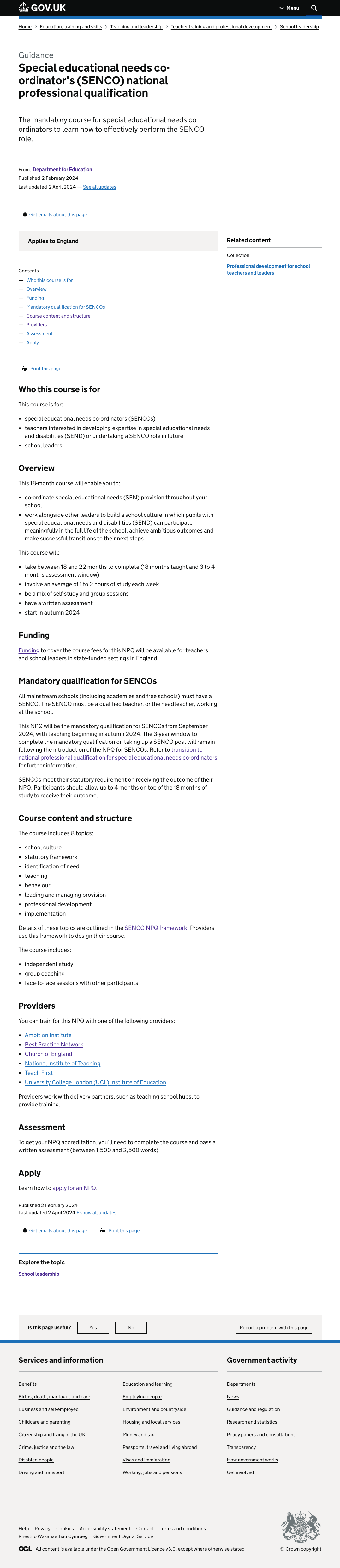 Screenshot of the SENCO guidance page on GOV.UK. This explains who the course is for, funding available, who it is mandatory for, the providers of the course and what is involved in the course.