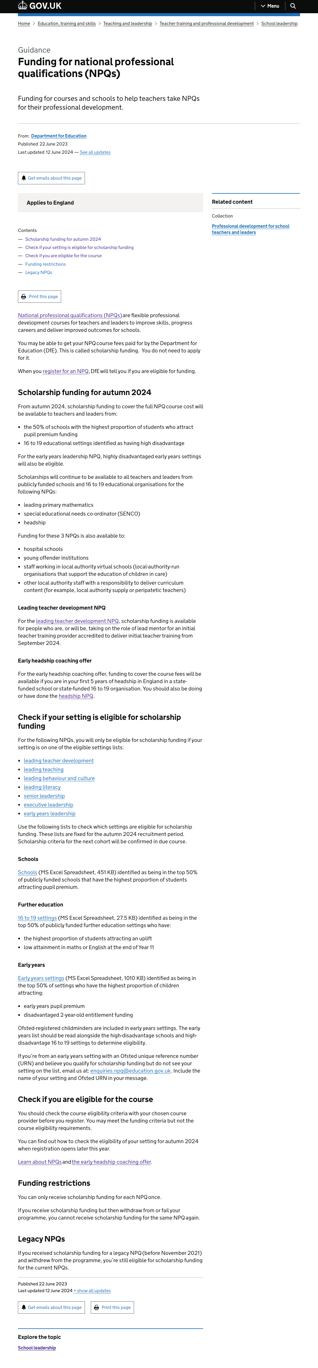 Screenshot of the NPQ funding guidance page on GOV.UK. This explains who is eligible for scholarship funding for the different NPQ courses and links to the lists of establishment in the top 50% of pupil premium.