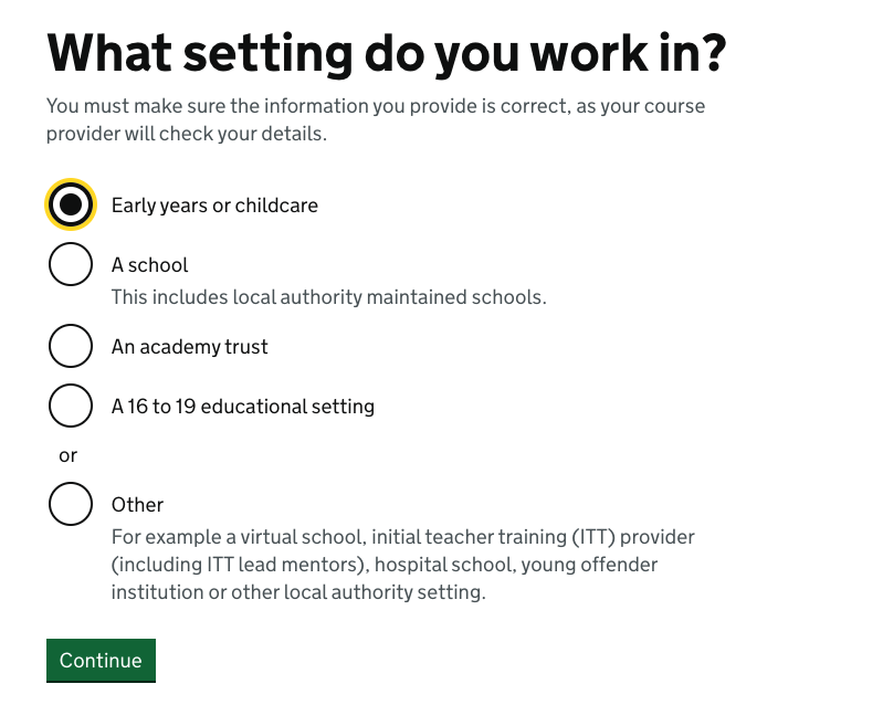 Screenshot of 'what setting do you work in?' question in the service, with the 'early years or childcare' option selected.