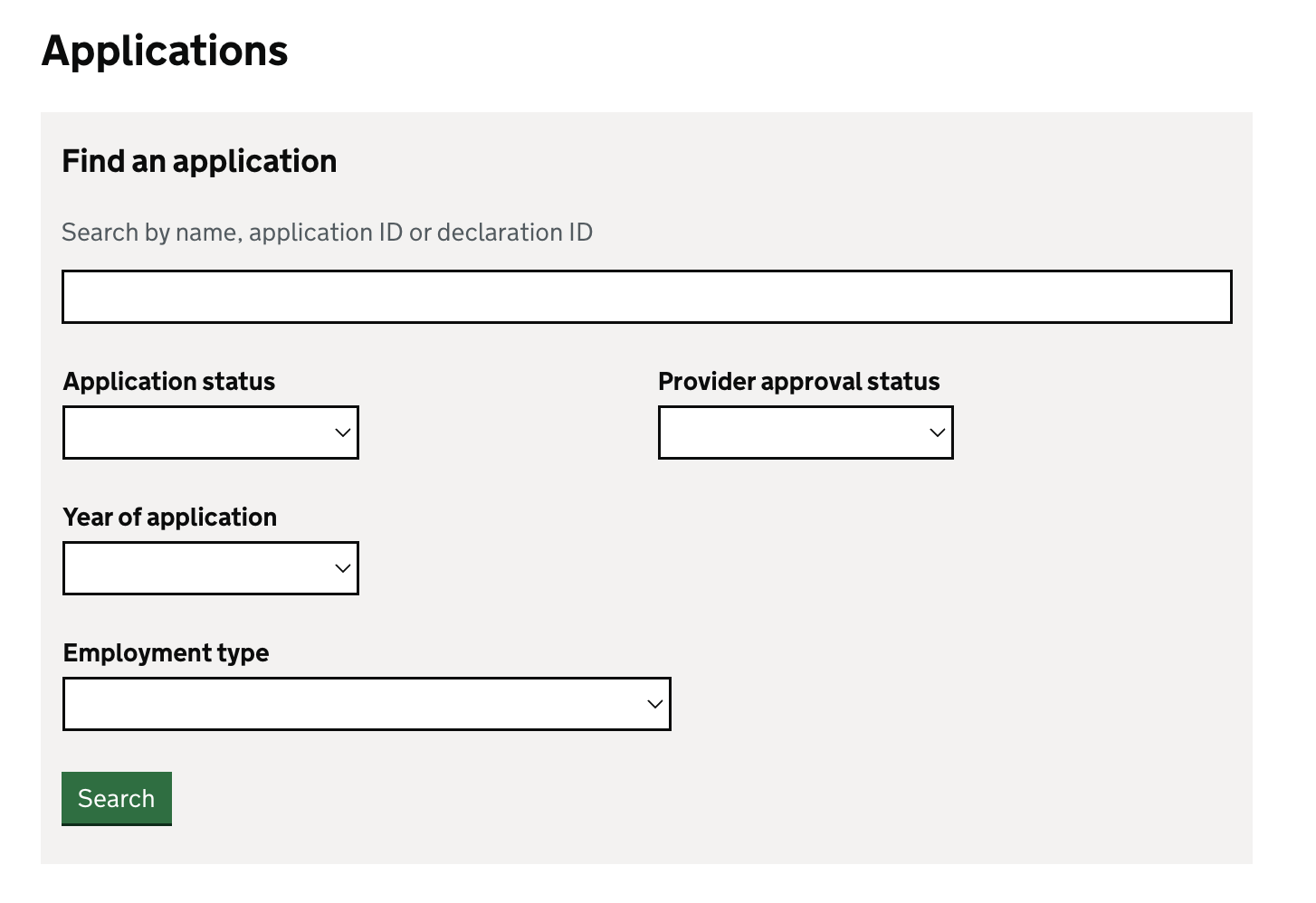 Screenshot showing how admins can search and filter for applications