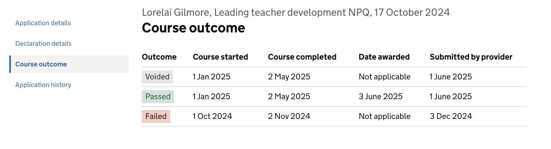 Screenshot showing how admins can view course outcomes