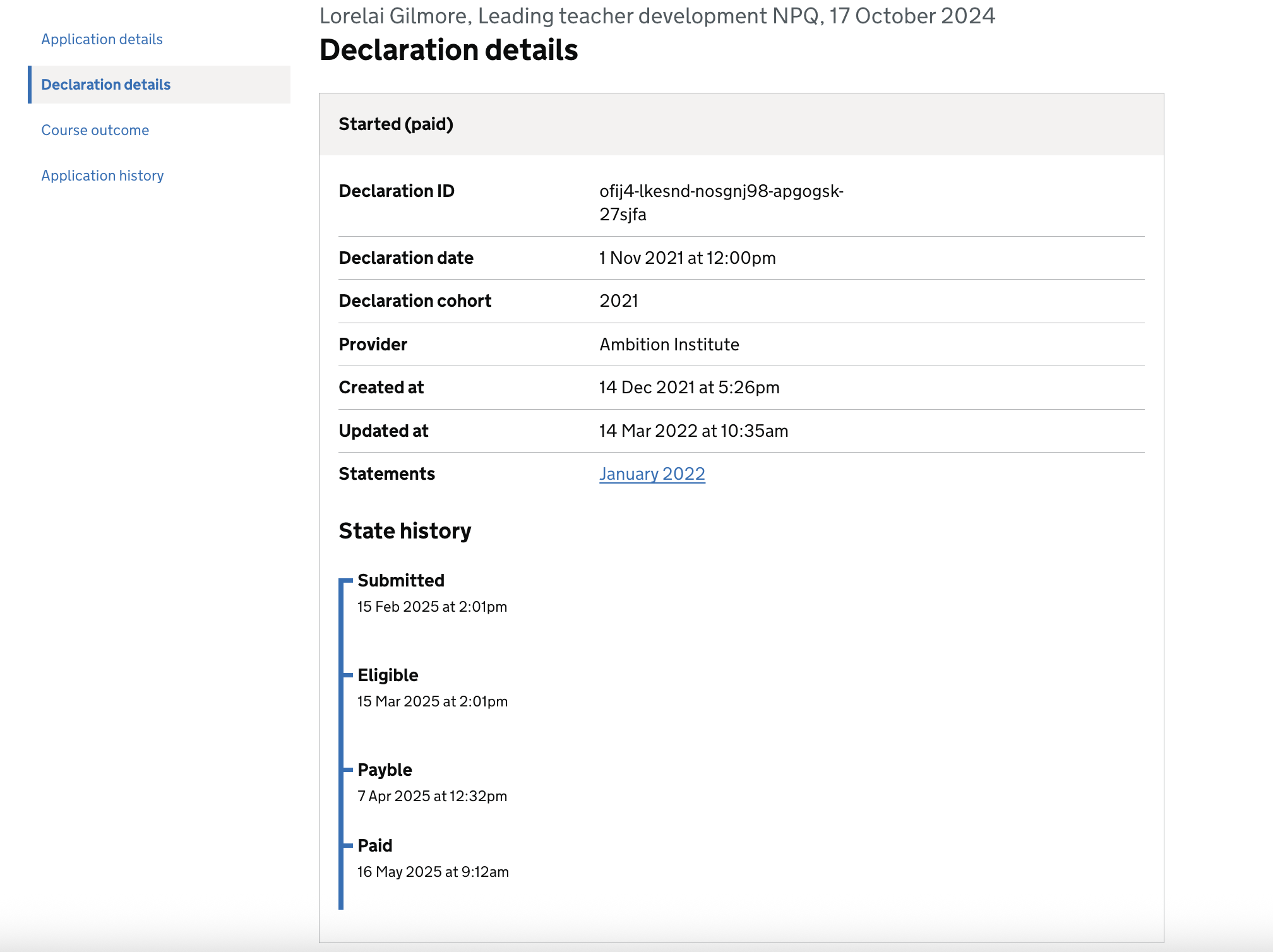 Screenshot showing how admins can view declaration details and their state history