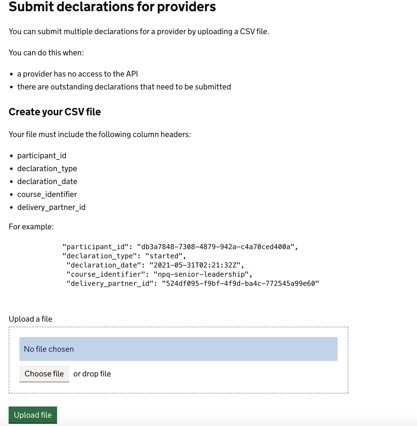 Screenshot showing how admins can submit declarations for providers 