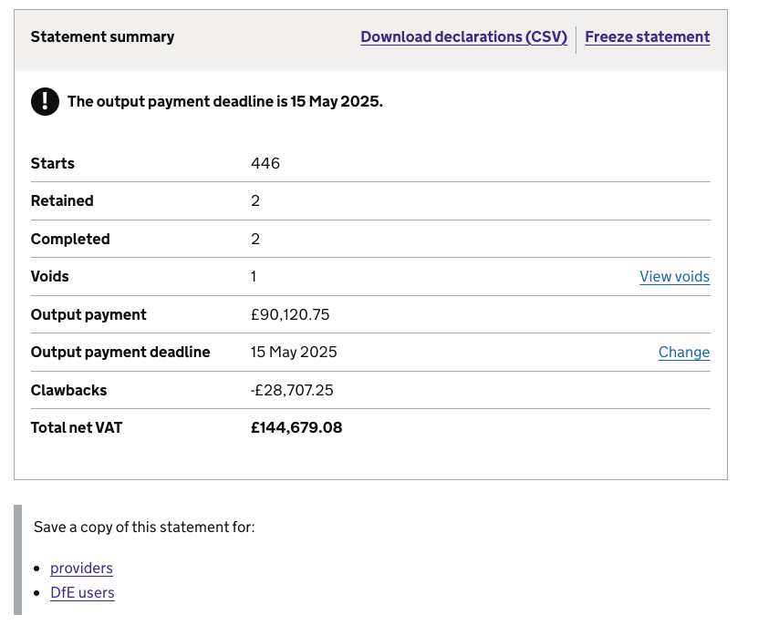 Screenshot showing how admins can download, freee or save a statement for providers or for DfE users
