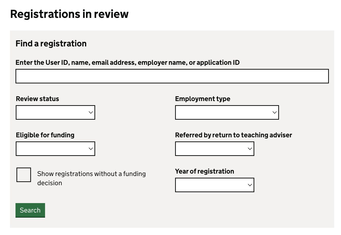 Screenshot showing how admins can search and filter for in review registrations