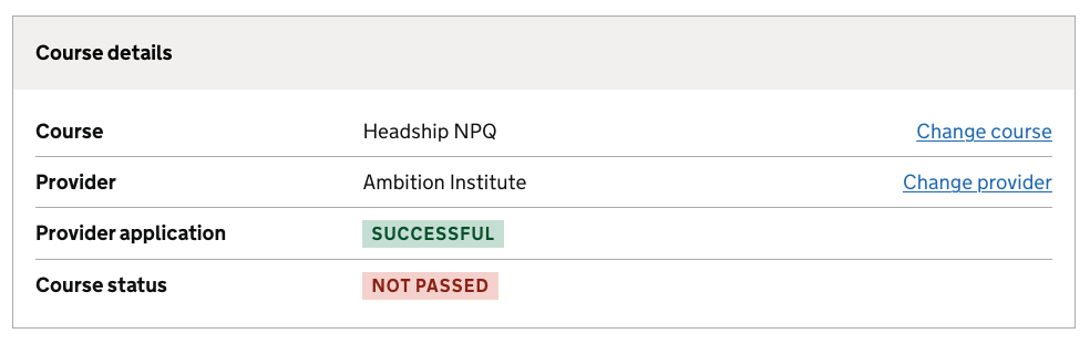 Course details table on single registration, course not passed