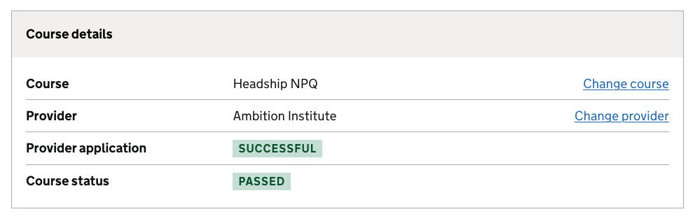 Course details table on single registration, course passed