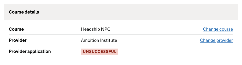 Course details table on single registration, unsuccessful application