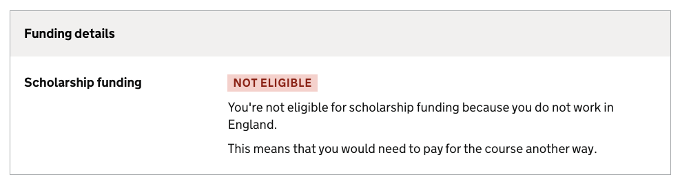 Not eligible for Scholarship funding as they don't work in England