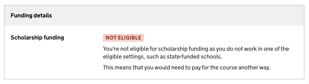 Not eligible for Scholarship funding as they don't work an eligible setting