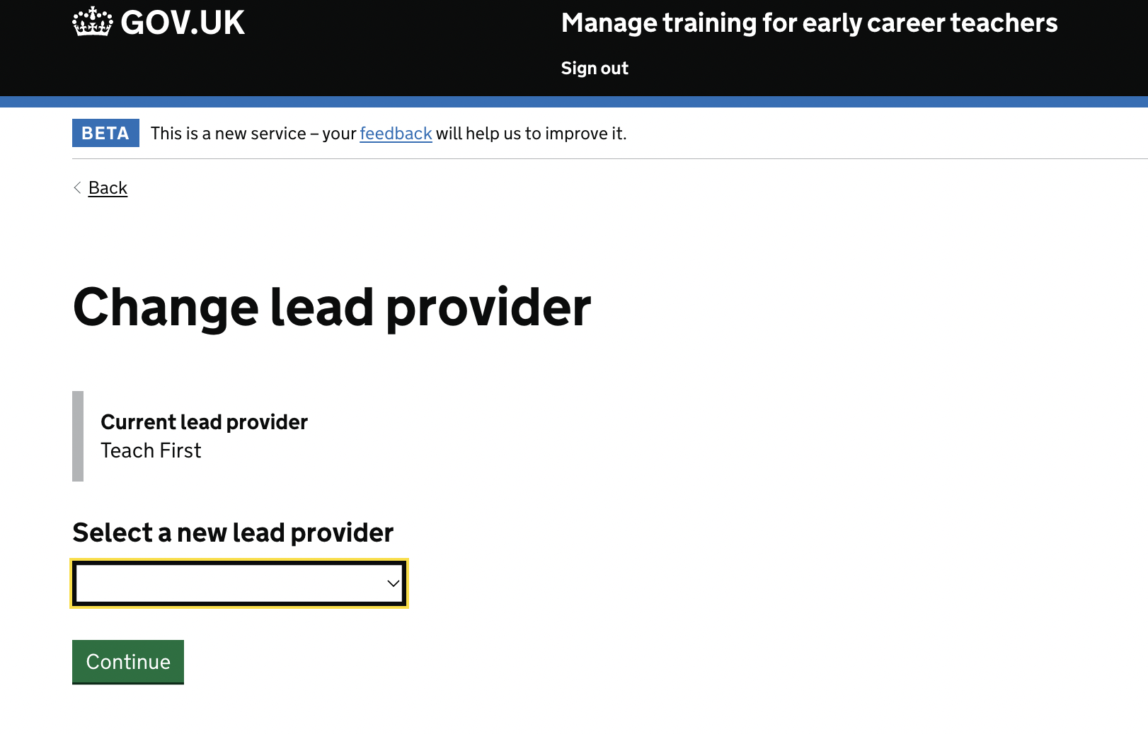Screenshot of the 'Change lead provider' page