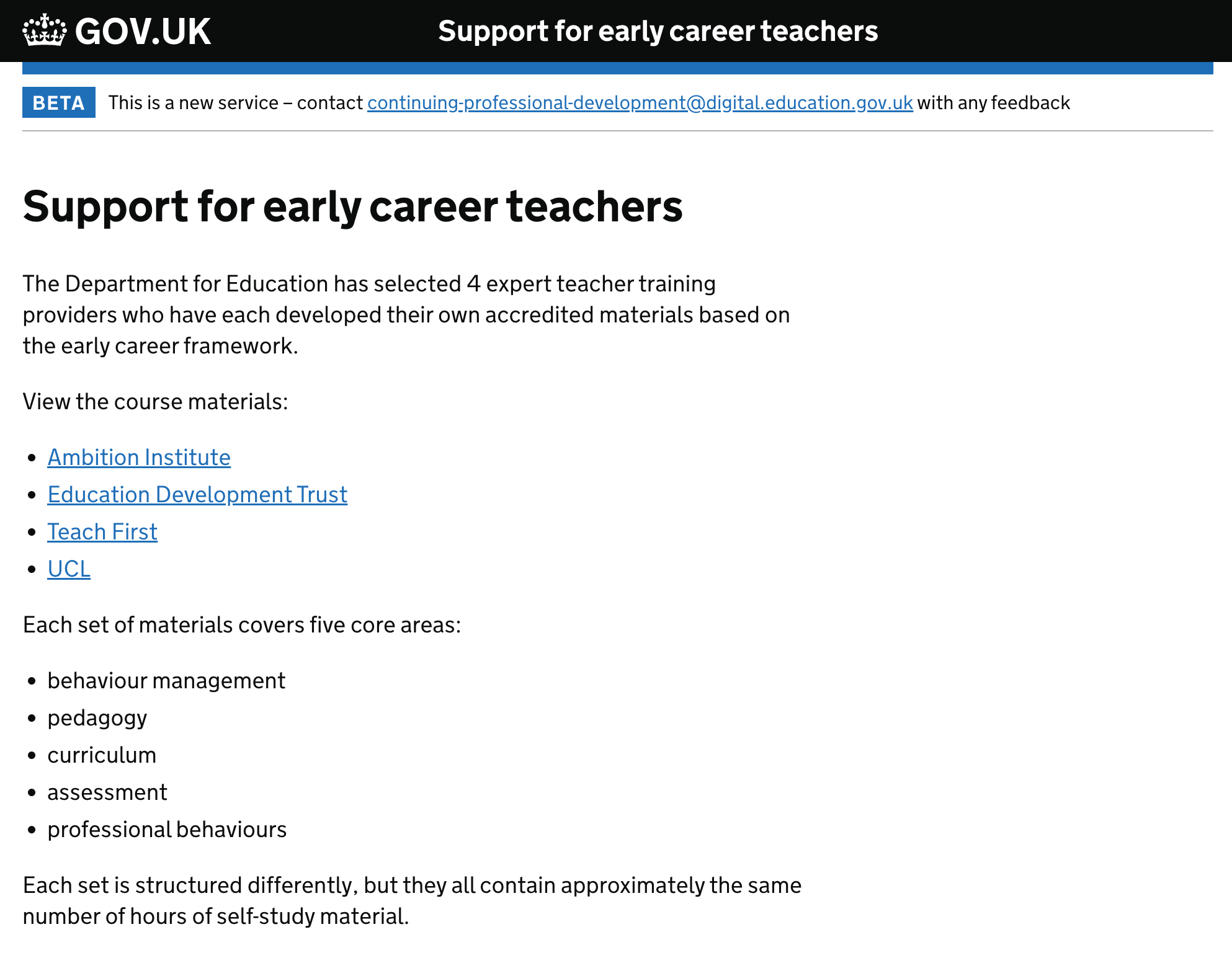 Screenshot of a page title ‘Support for early career teachers’. The first paragraph says ‘The Department for Education has selected 4 expert teacher training providers who have each developed their own accredited materials based on the early career framework.’ There are then 4 links in a list labelled Ambition Institute, Education Development Trust, Teach First and UCL.